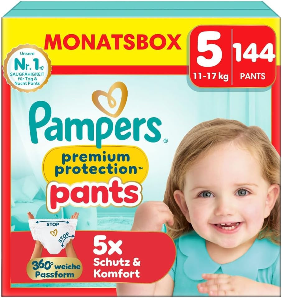 Pampers Premium Protection Pants Velikost 7, 123 Plenky, 15 kg+, s 360° nastavením a měkkými manžetami proti protečení pro optimální pohodlí a ochranu