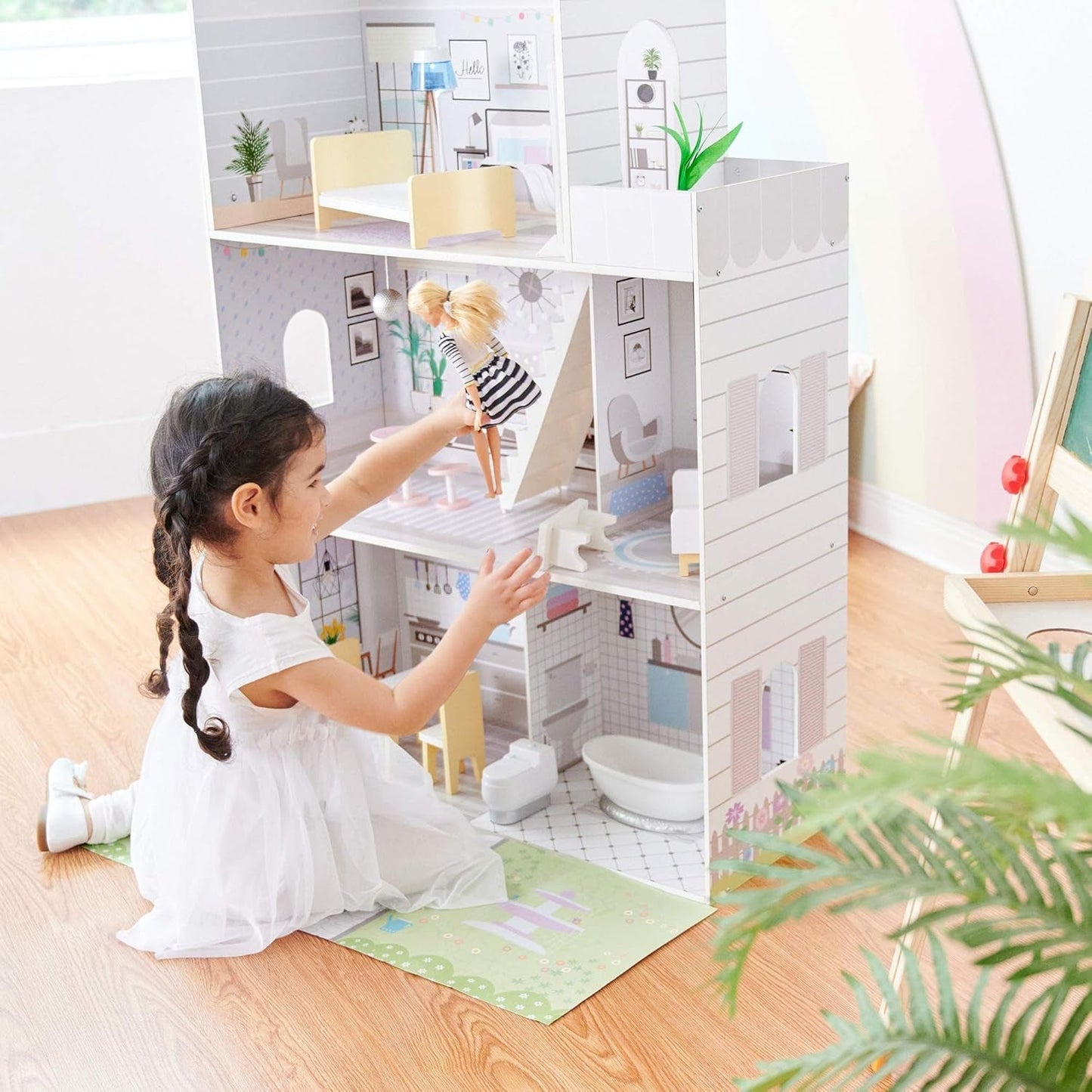 Obří domeček pro panenky Teamson Kids Olivias Little World se 16 doplňky pro panenky, dřevěný domeček pro panenky s nábytkem, 3patrový, dětský domeček pro panenky pro panenky 12 palců/30 cm, věk 3 roky+ Domky pro panenky Naty Shop