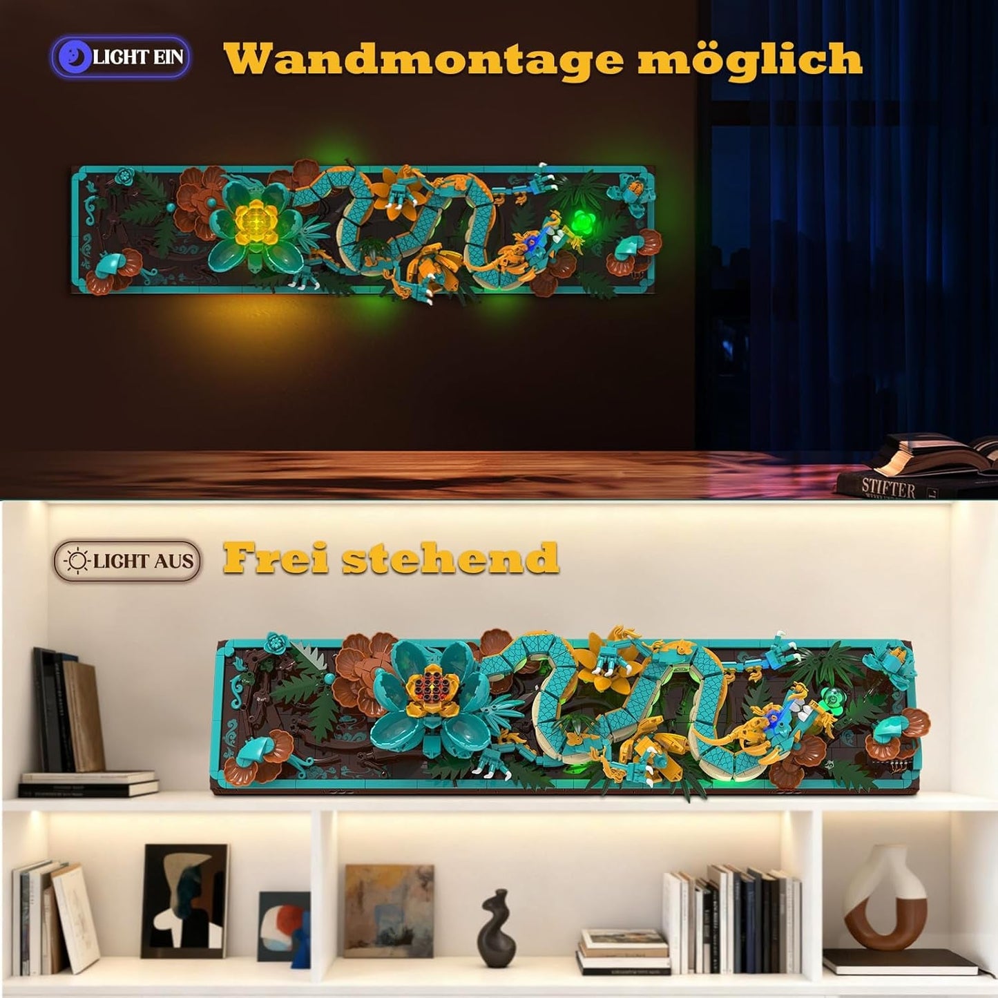 Stavebnice mýtických dračích dlaždic pro dospělé, 3D umělecká stavebnice Divine Loong s LED světly a květinami, DIY sada modelu s reliéfem draka, kreativní dárky a dekorace (1676 kusů)