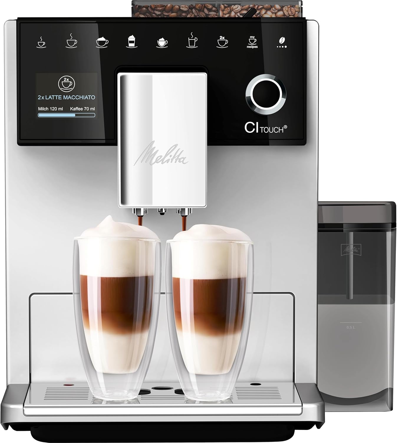 Melitta CI Touch - Plně automatický espresso kávovar s mléčným systémem, espresso kávovar s integrovaným mlýnkem na kávu a napěňovačem mléka, kupř. na espresso nebo cappuccino, stříbrná