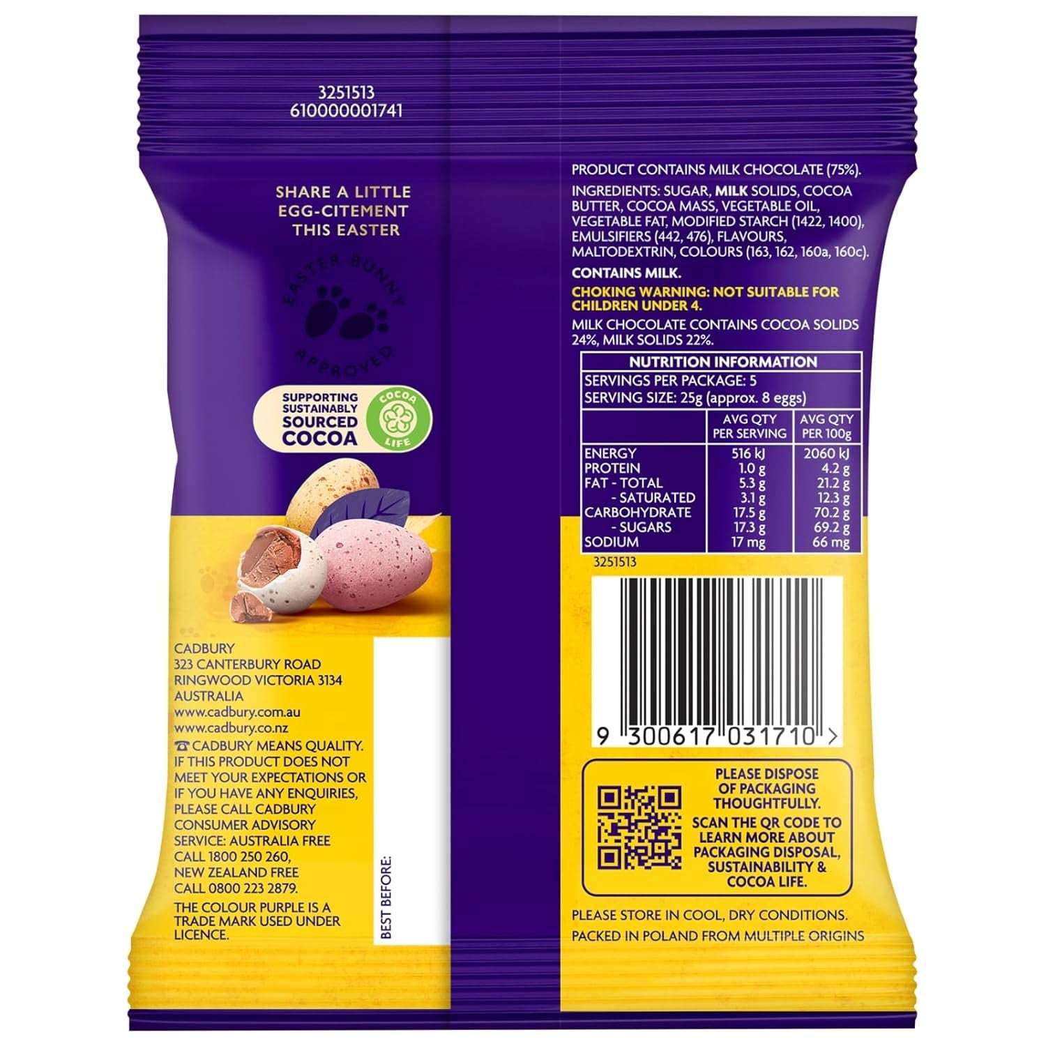 Pevný sáček malých čokoládových vajíček (80 g) v křupavém tácku na cukr (velikonoční formy)
