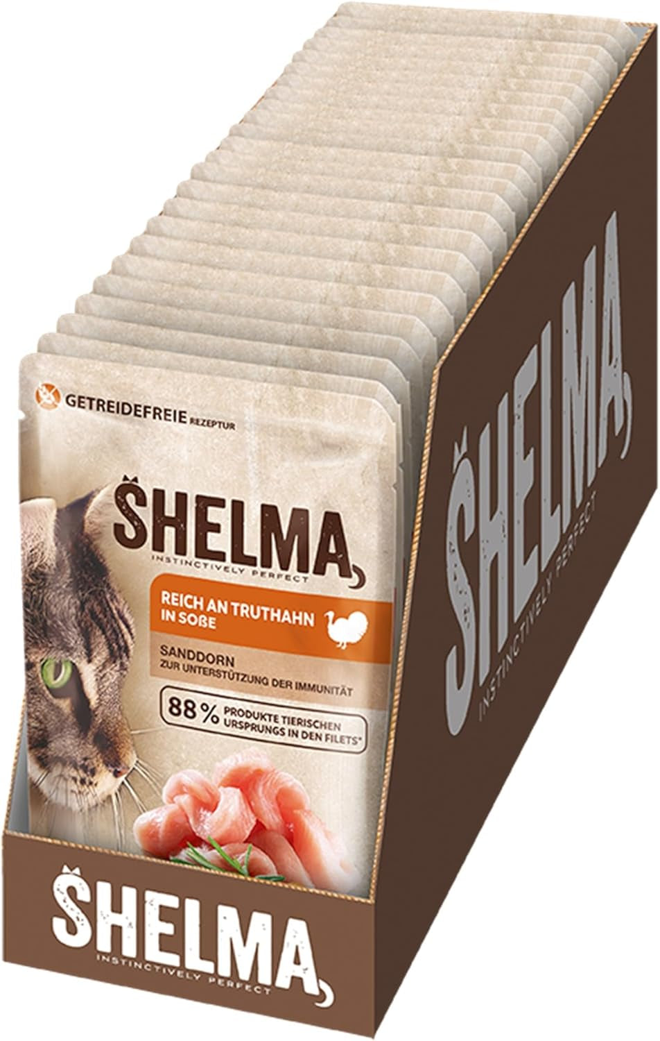 Mokré krmivo pro kočky Shelma s krůtou v rajčatové a bylinkové omáčce – kompletní krmivo bez obilovin s vysokým obsahem masa – 28 x 85 g (2,38 kg)