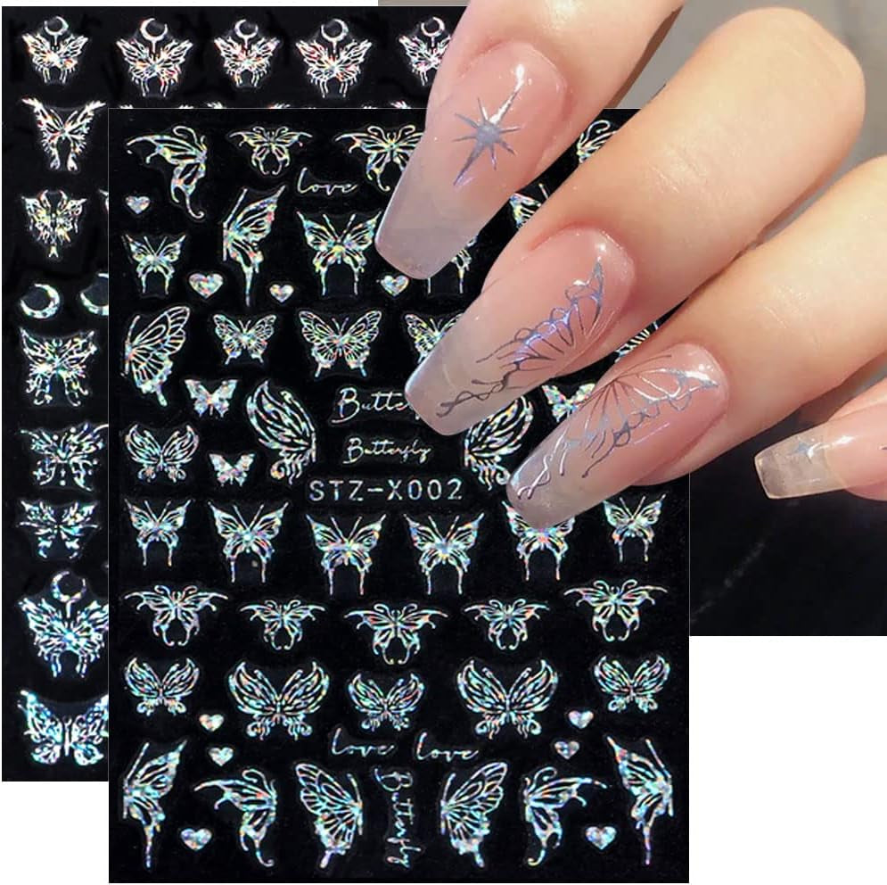 6 Blatt Schmetterling Samolepka na nehty Selbstklebend Laser Stříbrná Schmetterlings Nagelaufkleber 3D Aurora Stříbrná Schwarz Schmetterlinge Samolepky na nehty Frühling Nageldesign Samolepka na nehty Nail Art Zubehör