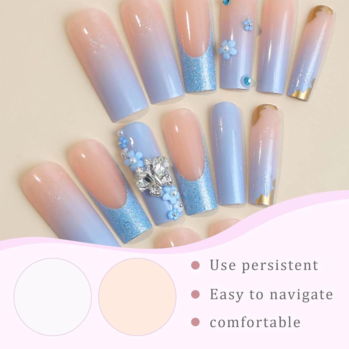 24ks Butterfly Blue Umělé nehty Čtvercový lis na francouzské dlouhé třpytky Třpytivé štrasové falešné nehty