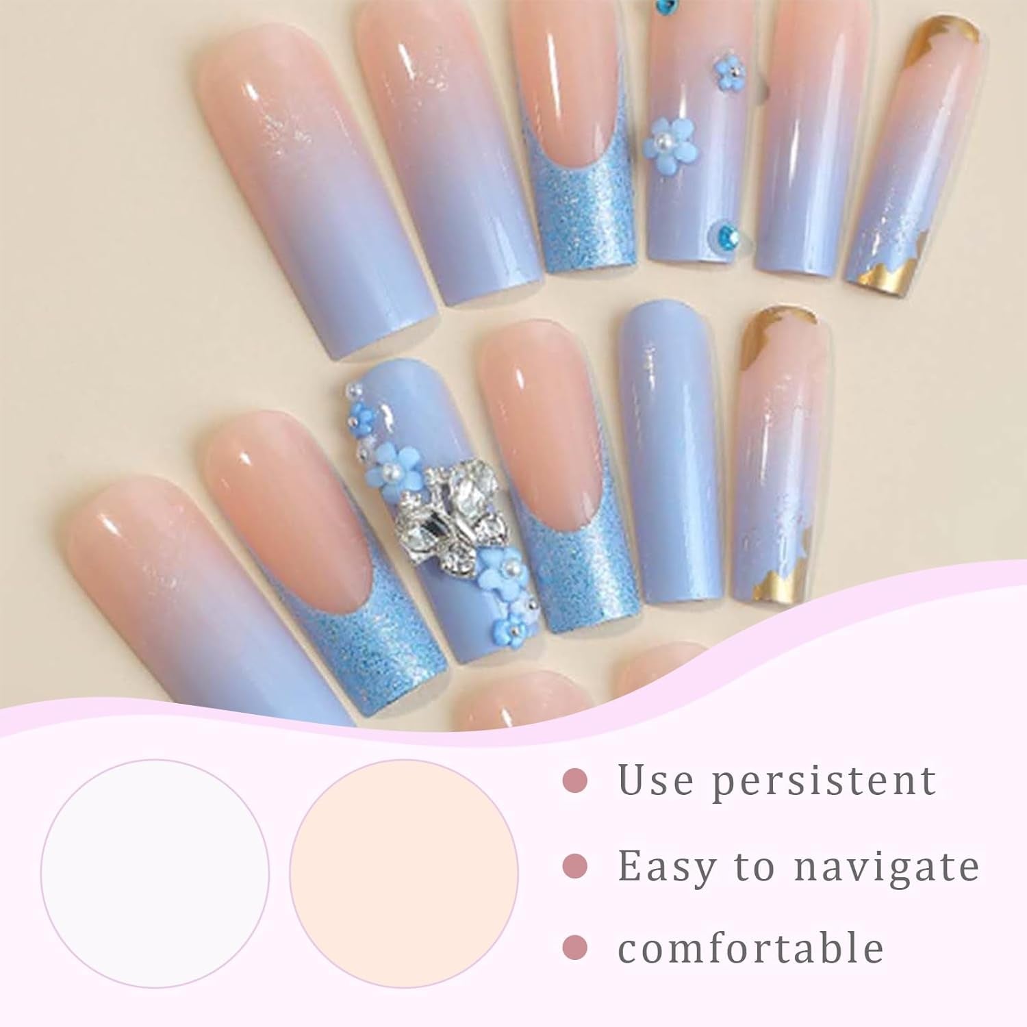 24ks Butterfly Blue Umělé nehty Čtvercový lis na francouzské dlouhé třpytky Třpytivé štrasové falešné nehty