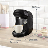 Bosch Tassimo Happy Friendly kávovar na kapsle TAS102E, 70+ nápojů, Vhodné pro všechny šálky, Auto-Stop, Trvale udržitelný, Perfektní dávkování, Úspora místa, 1400 W, Černá