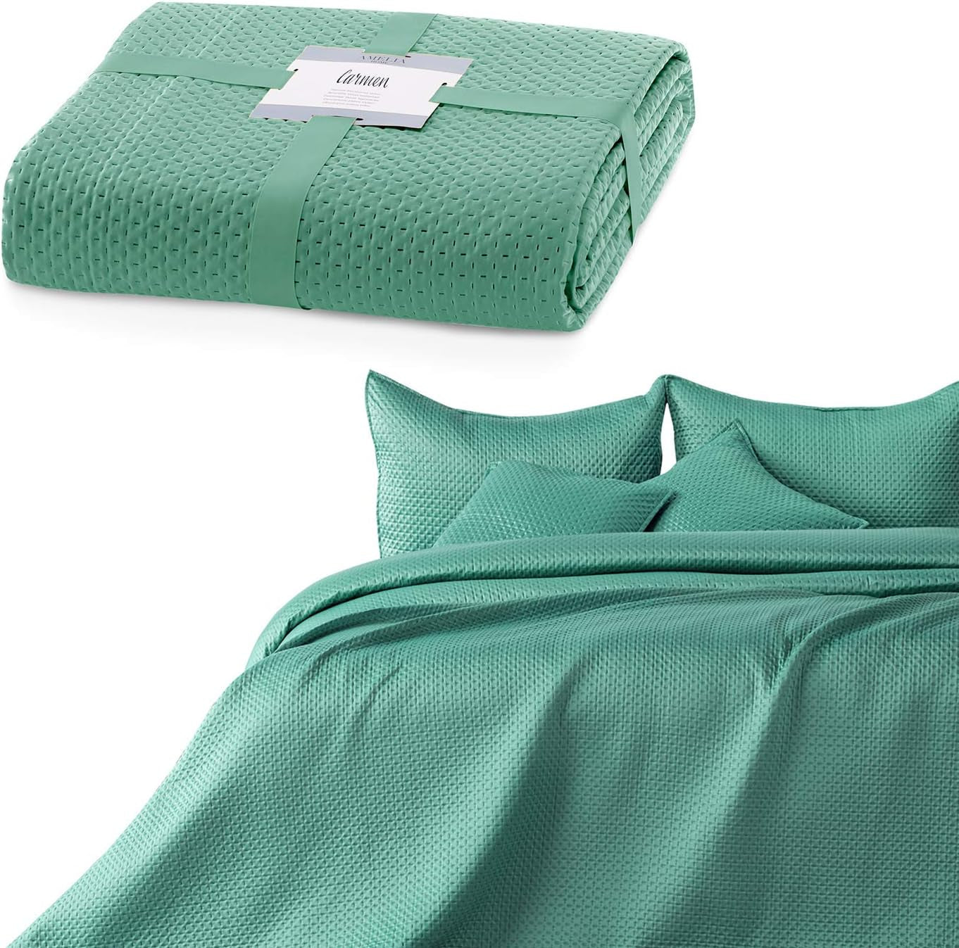 Ameliahome přehoz 200X220 Cm tmavě zelený přehoz se dvěma reliéfními stranami Matt Satin Carmen Postele a deky Besuche den AmeliaHome-Store Carmen pistáciová zelená 220X240 Cm