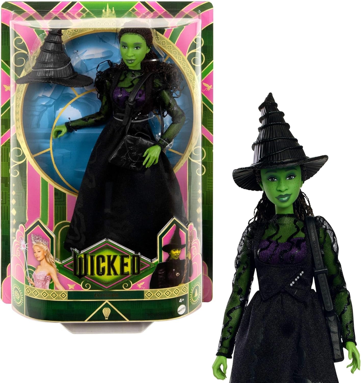 Módní panenka Mattel Wicked Elphaba a doplňky se zelenou pletí, vlasy s černým copánkem, různé možné pozice a vzhled odnímatelných plesových šatů, HXT62, [vícebarevné]