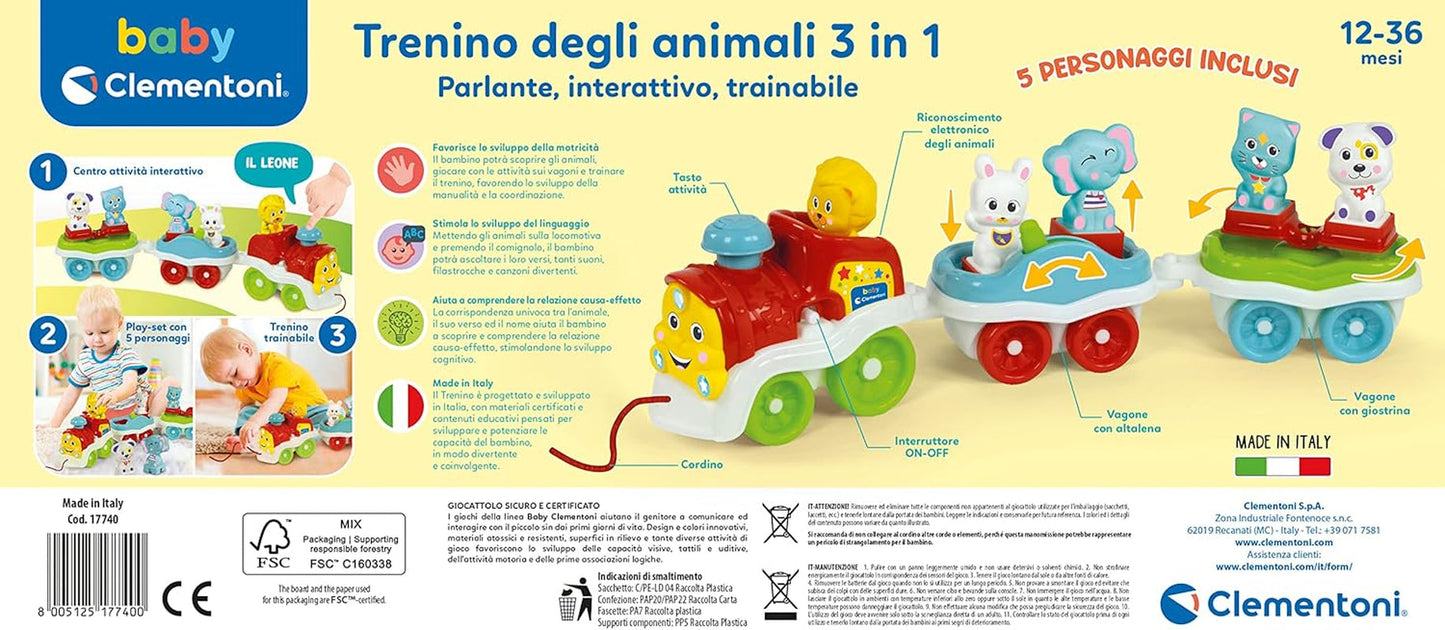 Clementoni Animali-3 Talking Interactive Rozšiřitelná hračka na elektrický vláček pro roční miminko (italská verze) Vyrobeno v Itálii Vícebarevná 17740 Jucarii Bebe Naty Shop
