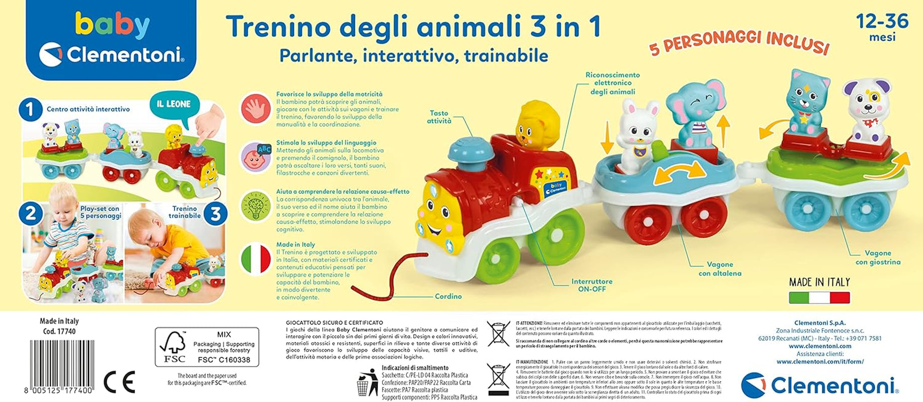 Clementoni Animali-3 Talking Interactive Rozšiřitelná hračka na elektrický vláček pro roční miminko (italská verze) Vyrobeno v Itálii Vícebarevná 17740 Jucarii Bebe Naty Shop