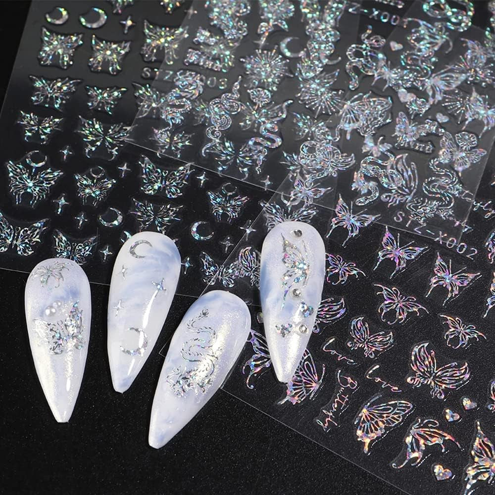 6 Blatt Schmetterling Samolepka na nehty Selbstklebend Laser Stříbrná Schmetterlings Nagelaufkleber 3D Aurora Stříbrná Schwarz Schmetterlinge Samolepky na nehty Frühling Nageldesign Samolepka na nehty Nail Art Zubehör