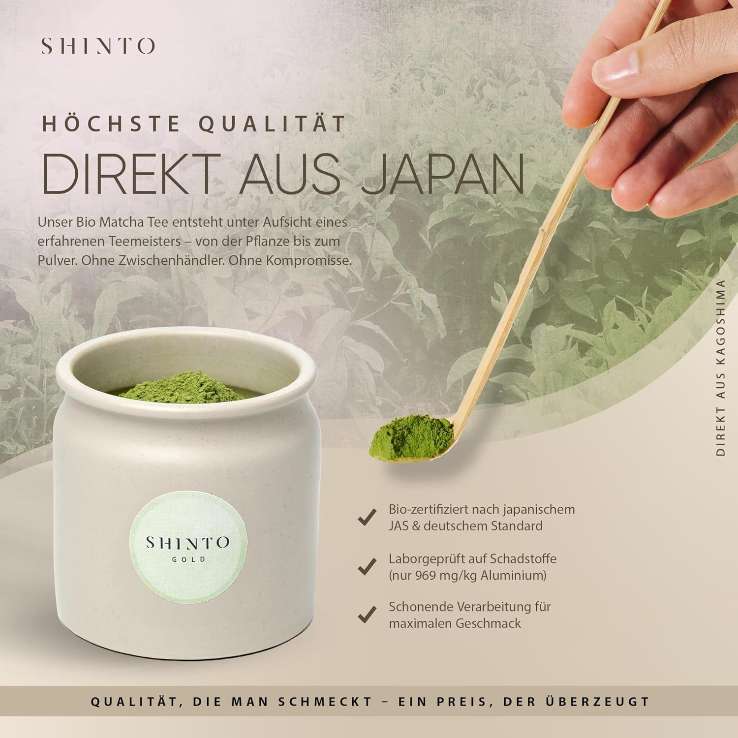 Šintoismus - "Zlatý" organický čaj Matcha - Ceremoniální prášek ze zeleného čaje - Certifikace JAS & EU BIO - Stínovaný a ručně sbíraný - Přímý dovoz z Uji, Japonsko - 30 g