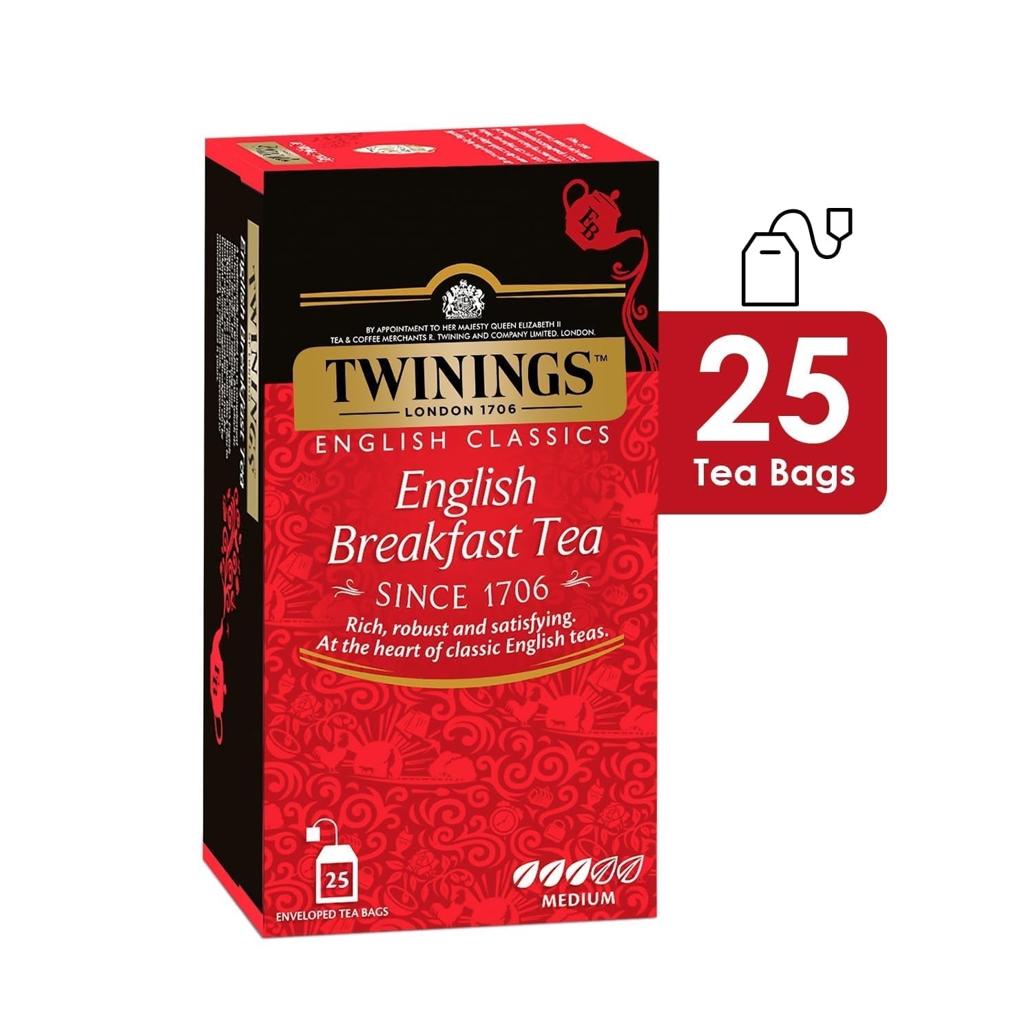 Twinings English Breakfast Black Tea 50g, 25 čajových sáčků, plný, kulatý a silný černý čaj z nejlepších čajových plantáží na Srí Lance a Indii. Černý čaj Balení 1 ks (1 x 50 g)