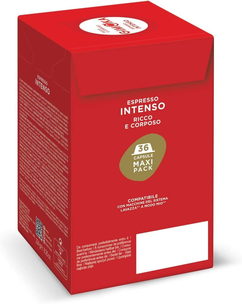 Gimoka Kaffeekapseln Espresso Intenso Kaffeemischung, Intensität 12-144 Kapseln Compatibel mit Lavazza* A Modo Mio* Haushalts-Espressomaschinen, 144 Stück (4 x 36 Getränke) Hergestellt v Itálii