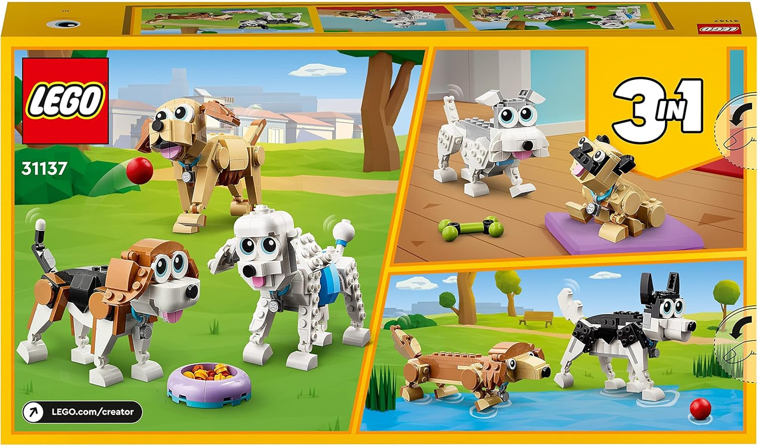 Sada LEGO 31137 Creator 3v1 roztomilý pes s figurkami zvířat jezevčík, mops, pudl a další, hračka pro děti 7+, dárek pro milovníky psů Stavebnice Besuche den LEGO-Store