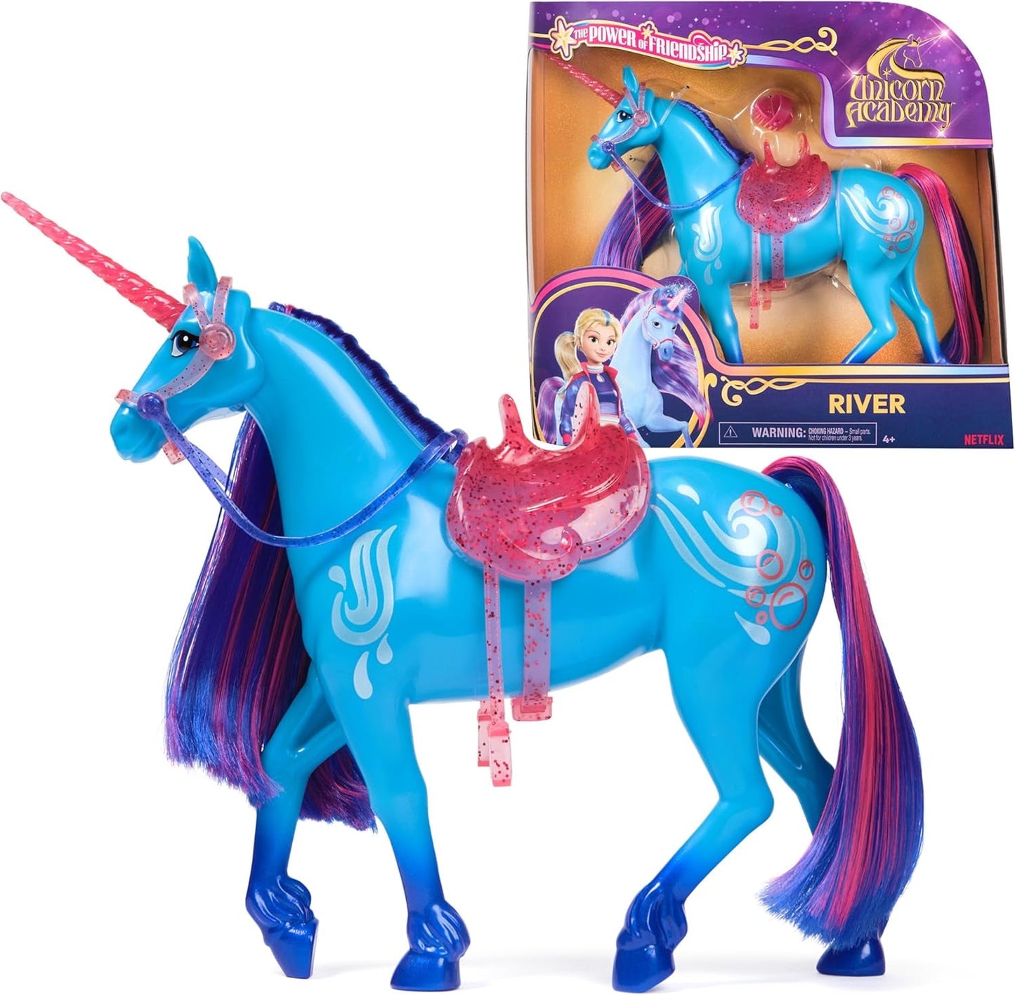 Unicorn River Unicorn Academy - 28 cm vysoký, originální jednorožec Isabel ze série Netflix, se skutečnou hřívou a ocasem, odnímatelnou uzdou a sedlem a kartáčem, pro děti od 4 let