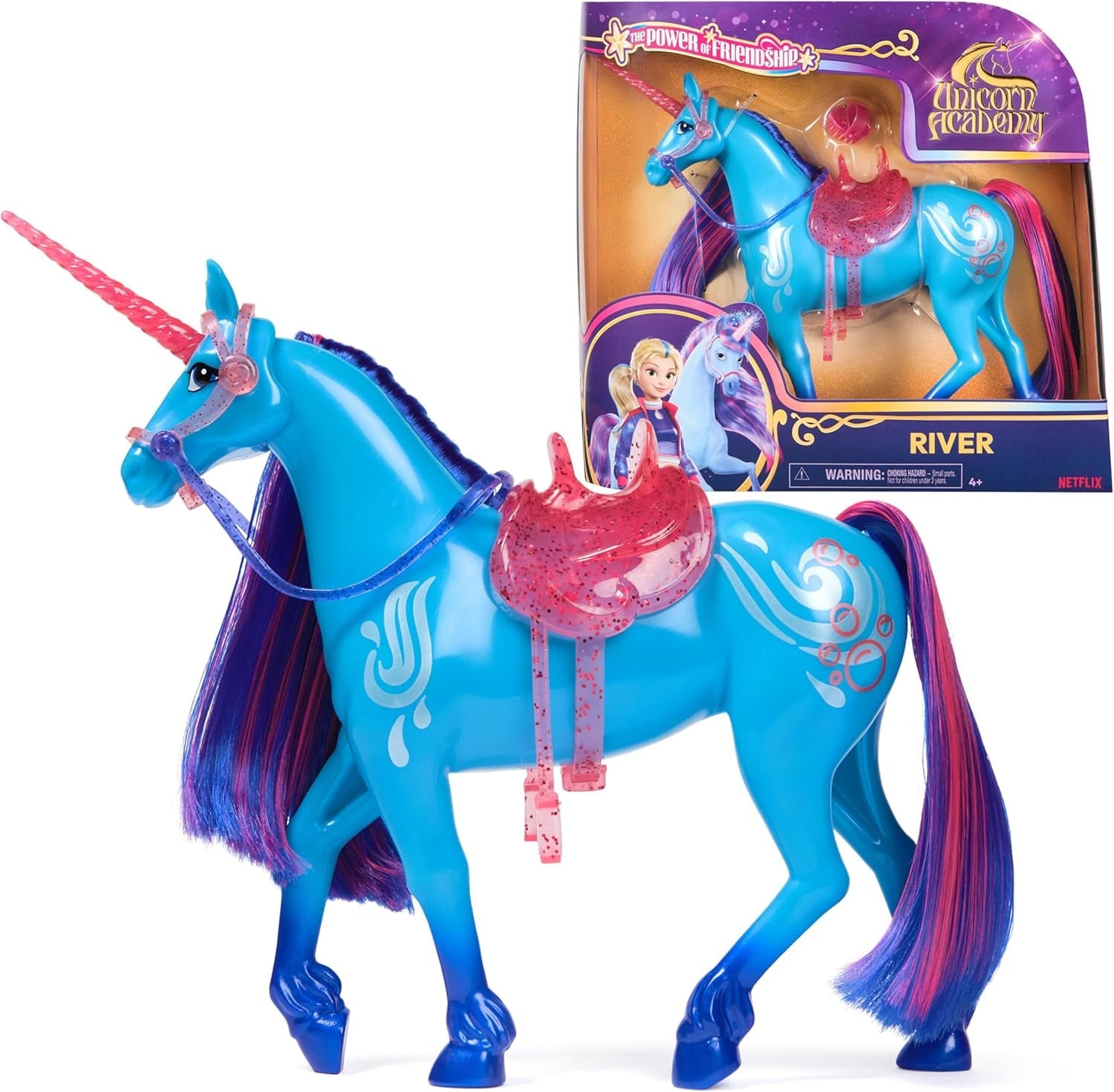 Unicorn River Unicorn Academy - 28 cm vysoký, originální jednorožec Isabel ze série Netflix, se skutečnou hřívou a ocasem, odnímatelnou uzdou a sedlem a kartáčem, pro děti od 4 let