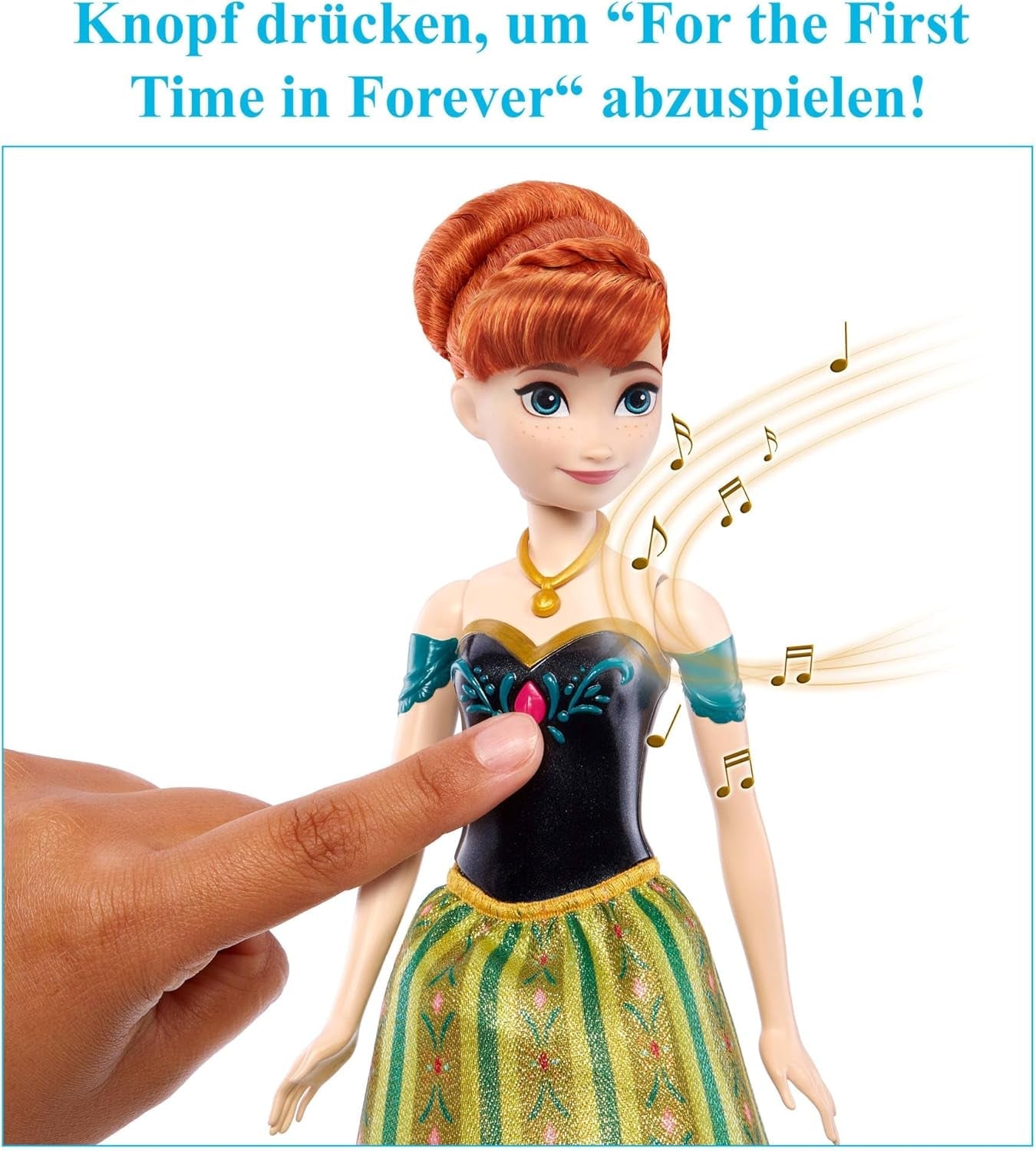 Mattel Toys Disney Frozen Anna zpívající módní panenka v ikonickém oblečení zpívá „Poprvé“ z filmu Disney v angličtině, francouzštině, němčině, italštině, JDL59