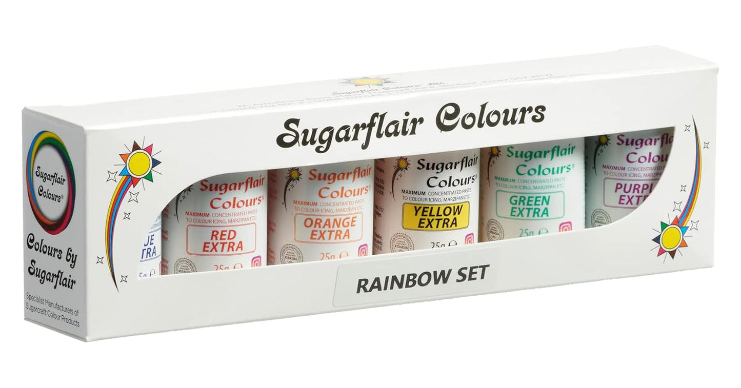 Sugarflair Max Koncentrovaná sada potravinářských barviv/6, potravinářská barvicí pasta Max Concentrate, EXTRA modrá, červená, oranžová, žlutá, zelená, fialová - 6x25g
