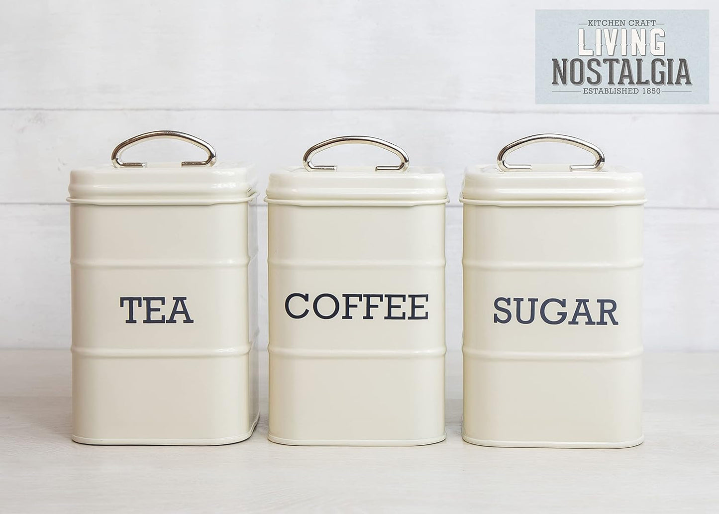 KitchenCraft Living Nostalgia Sada 3 úložných dóz na čaj, cukr a kávu v dárkové krabičce, ocel, starožitný krém, 11 cm x 11 cm x 17 cm, Vintage modré krabičky na potraviny Naty Shop