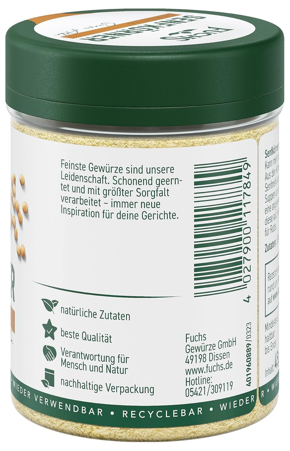 Fuchs Gewürze - Senfkörner gemahlen - für die Zubereitung von Rubs, zum Verfeinern von Suppen und Saucen - přírodní složky - 45 g v wiederverwendbarer, recyclebarer Dávka