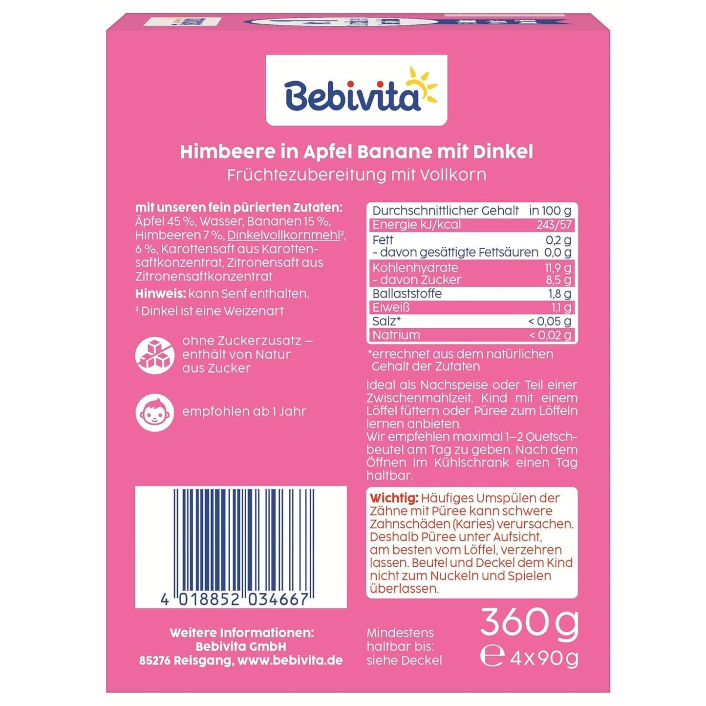 Sáčky s ovocem, malinou, jablkem, banánem a špaldou - 16 kusů (balení po 4 kusech, 4 x 90 g), bez přidaného cukru, vyrobené z měkkého ovoce a zdravých obilovin, ideální pro svačiny s sebou a vlastní spotřebu