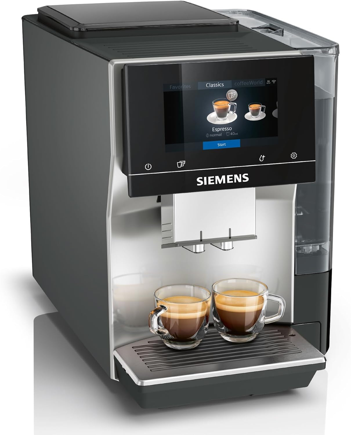 Automatický espresso kávovar Siemens EQ700 classic TP715D01, ovládání aplikací, cold brew, intuitivní dotykový displej, až 10 jednotlivých kreací kávy jako oblíbené, automatické čištění párou, 1500 W, stříbrná šedá