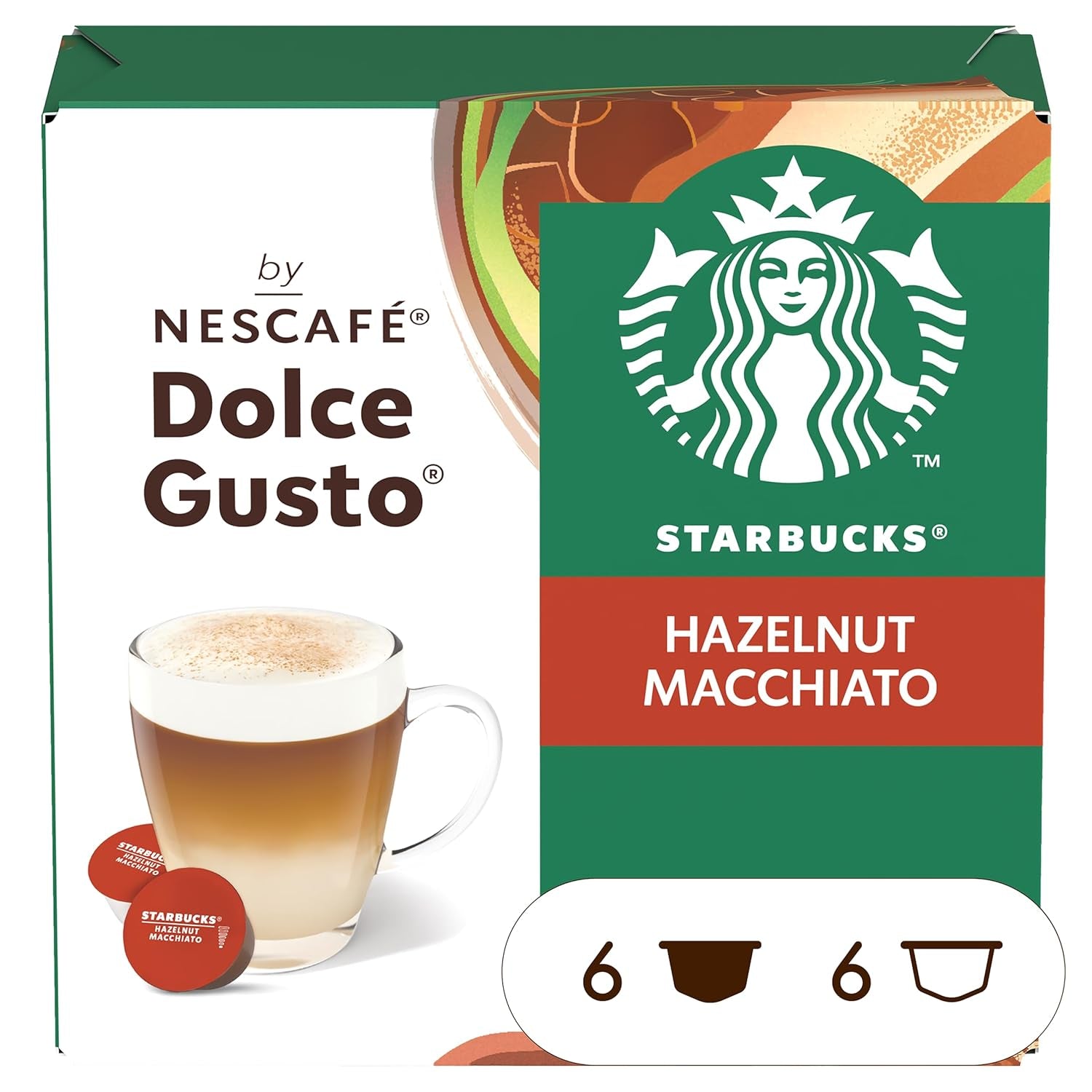 STARBUCKS Hazelnut Macchiato od Nescafé Dolce Gusto, Dunkle Röstung, Kaffeekapseln 6 x 12 (72 kapsel)