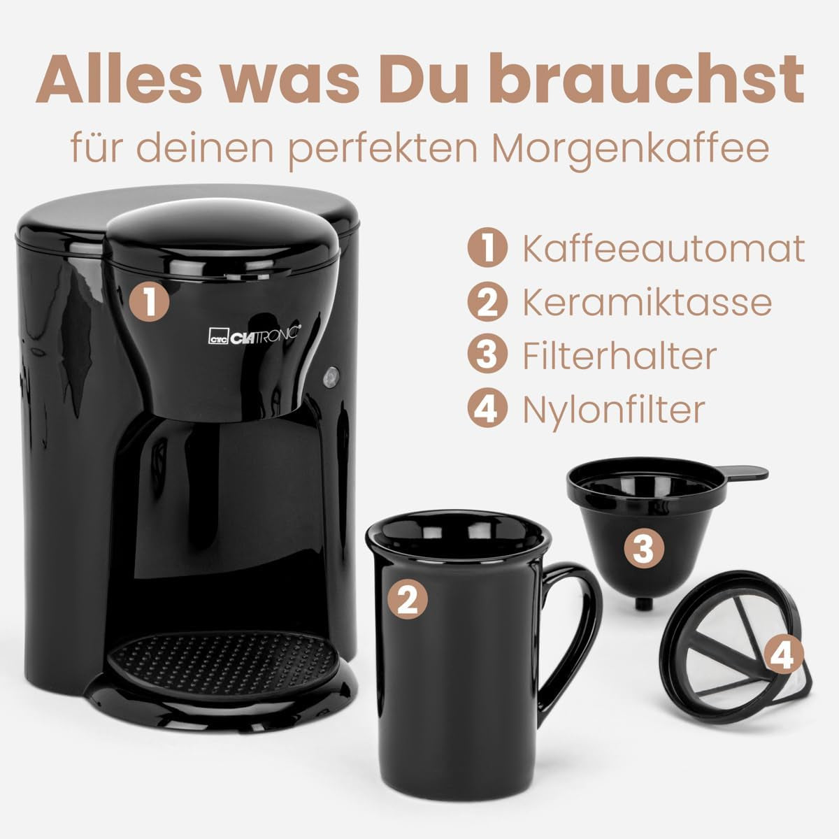 Kávovar Clatronic® na 1 šálek | Perfektní espresso kávovar pro jednotlivce | Espresso kávovar s filtrem, včetně keramického šálku | Malý kávovar na espresso s filtrem, ideální na cesty | KA 3356