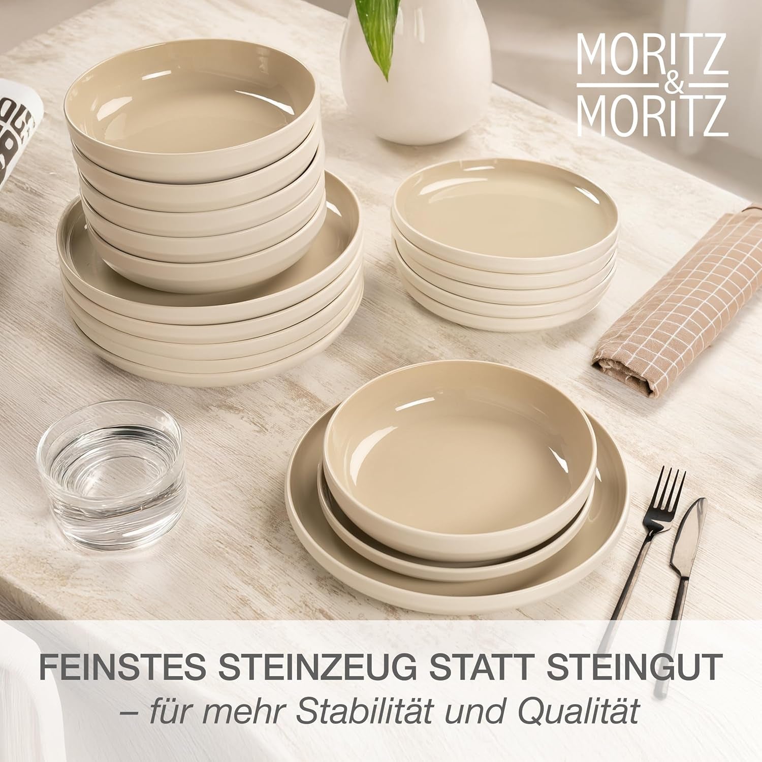 Sada kameninového nádobí Moritz & Moritz CAVO pro 12 osob, 36 kusů - Moderní stolní servis v pískové barvě - Snadná údržba kombinovaná sada s talíři a mísami - Kávový servis