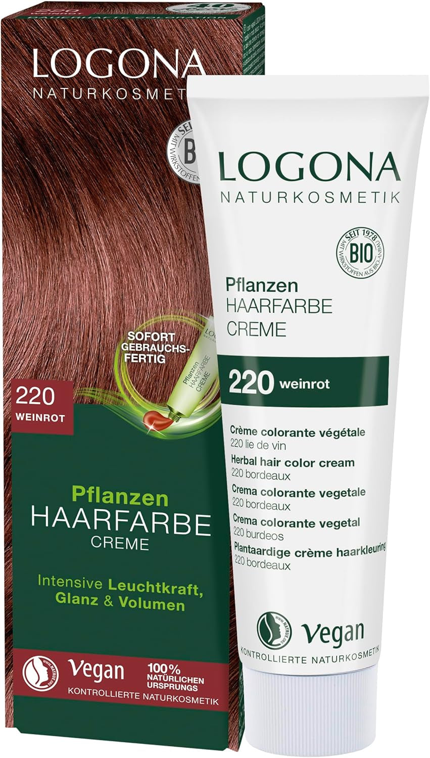 LOGONA Natural Cosmetics Rostlinná barva na vlasy krém 240 nugátově hnědá, přírodní henna hnědá krémová barva na vlasy, krémová barva na hnědé tóny, tmavá barva na vlasy, 150 ml Naty Shop Hair Dye 220 Wine Red [Titian]