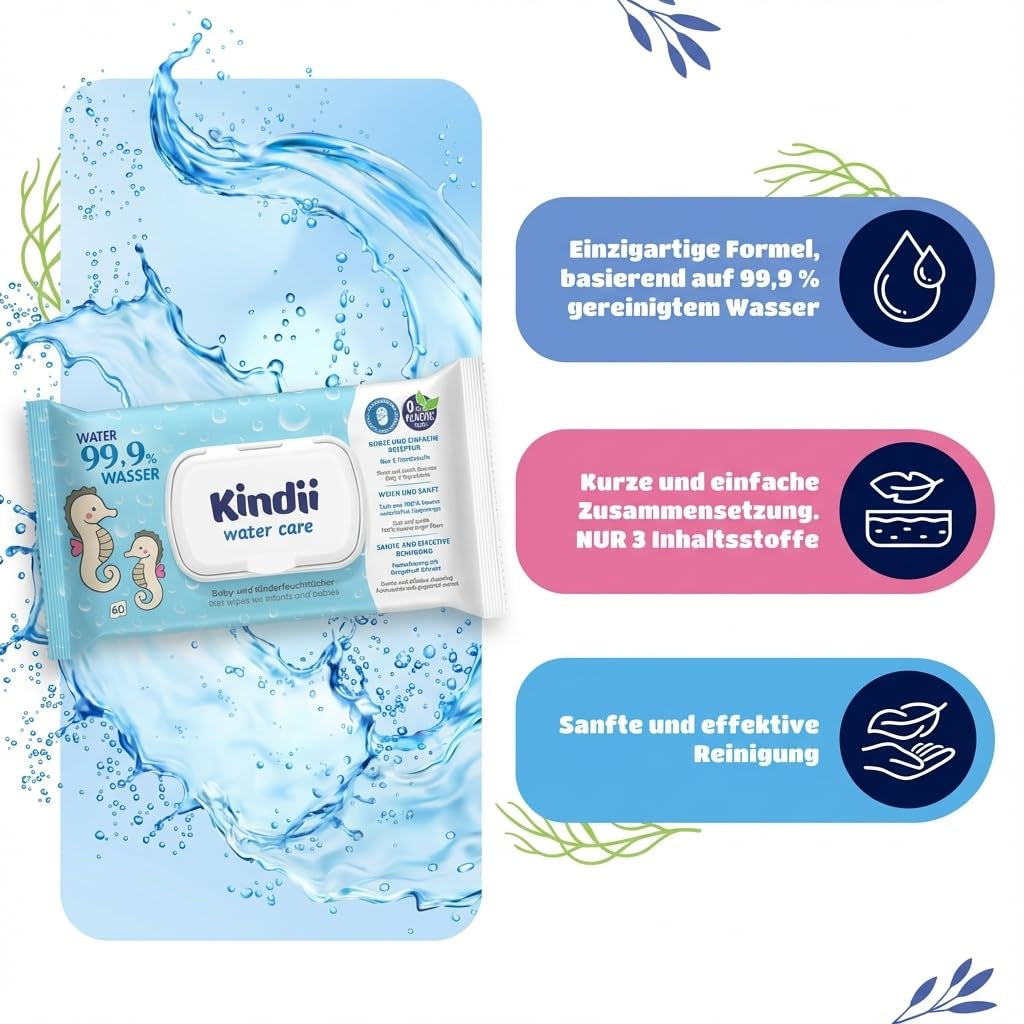 Vlhčené ubrousky Kindii Water Care - Aqua dětské ubrousky - 100% viskóza, 99,9% voda, extrakt z grapefruitu, velikost šátku 150x200, 100% biologicky odbouratelné, bez plastů, čisticí ubrousky pro citlivou pokožku