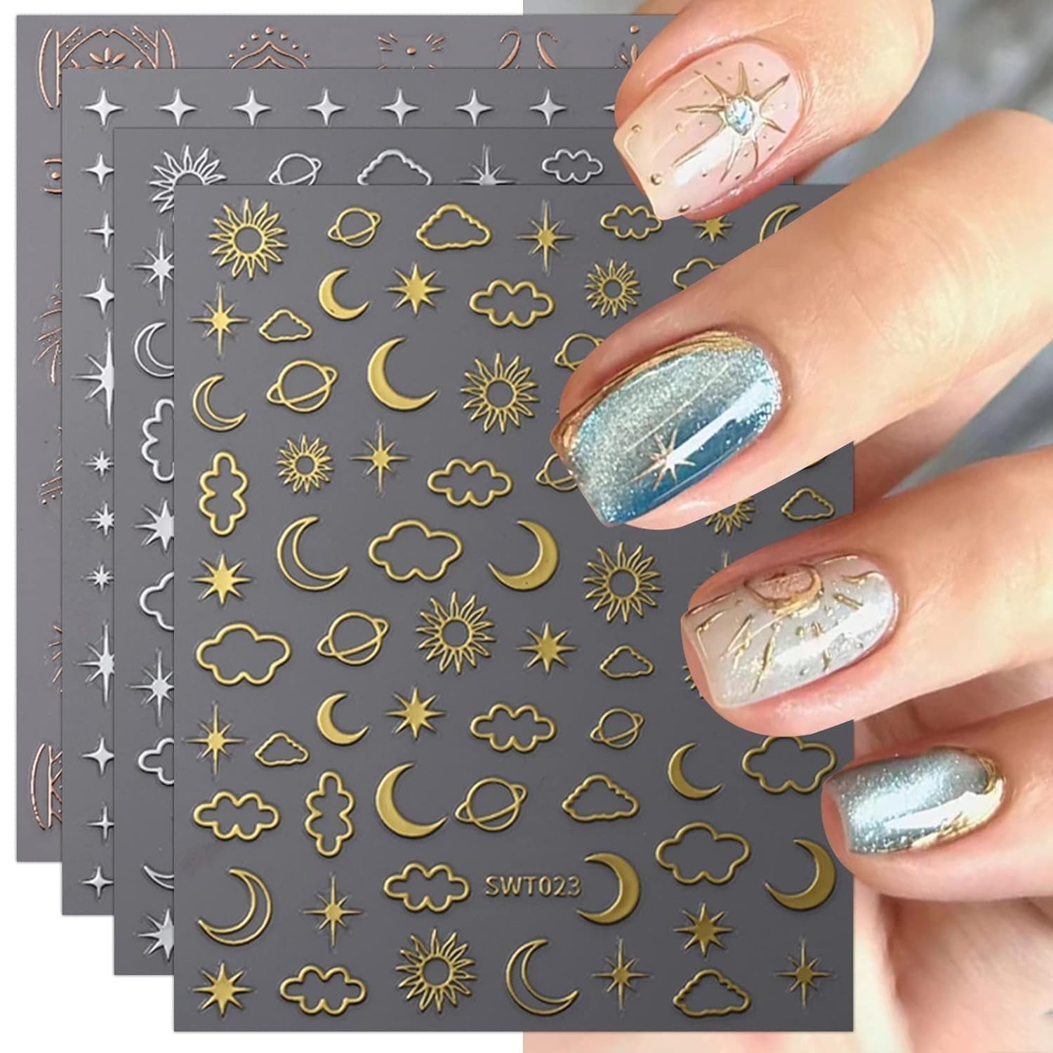 JMEOWIO Nálepka na nehty Mond Stern 9 Blatt Nálepka na nehty Selbstklebend Nagelaufkleber Bunter Dekoration Nageldesign Zubehör