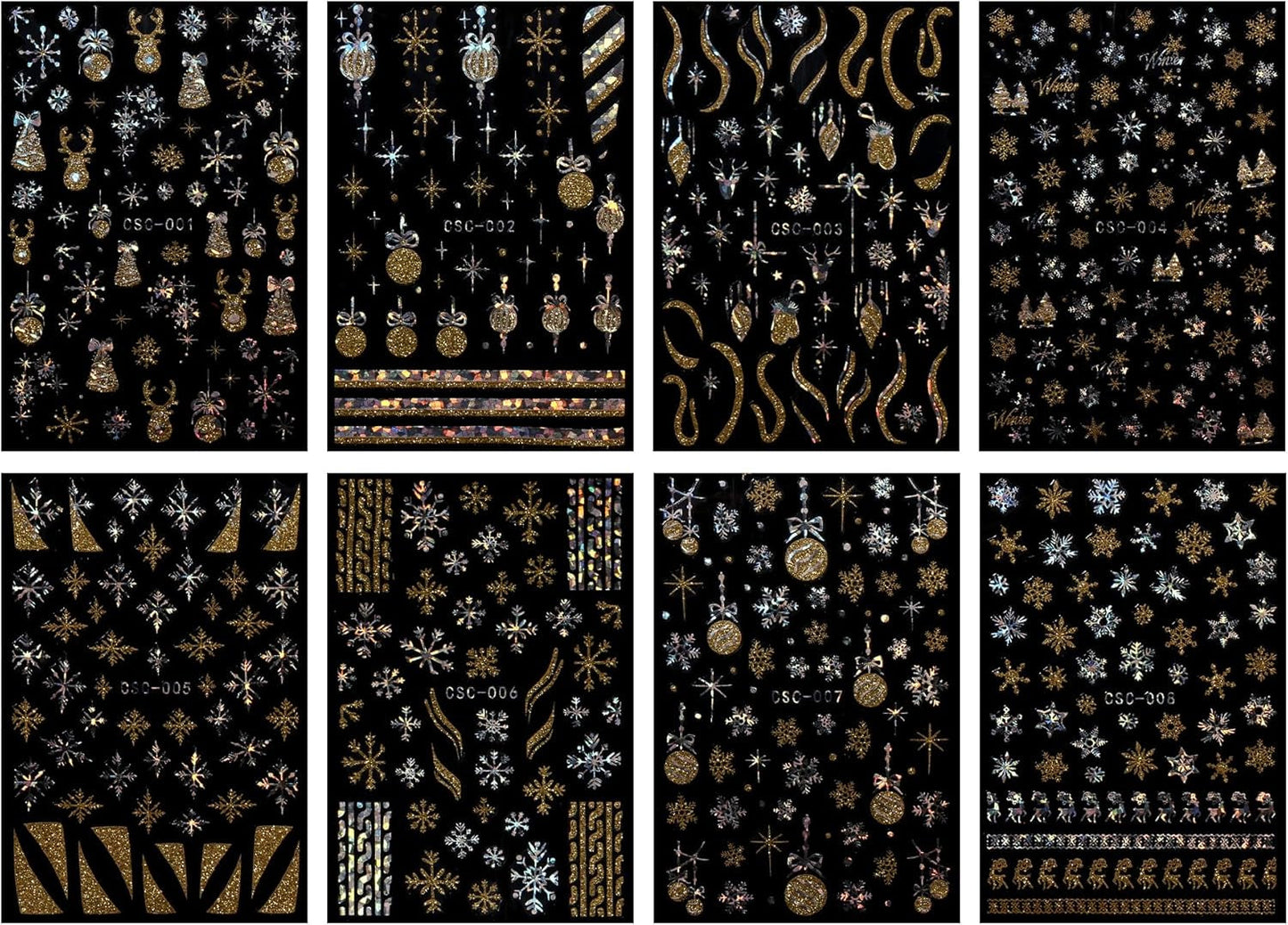 JMEOWIO Nálepka na nehty Weihnachten Gold Glitter Silber 8 Blatt Nálepka na nehty Selbtklebend Nagelaufkleber Schneeflocke Winterurlaub Dekoration Nageldesign Zubehör