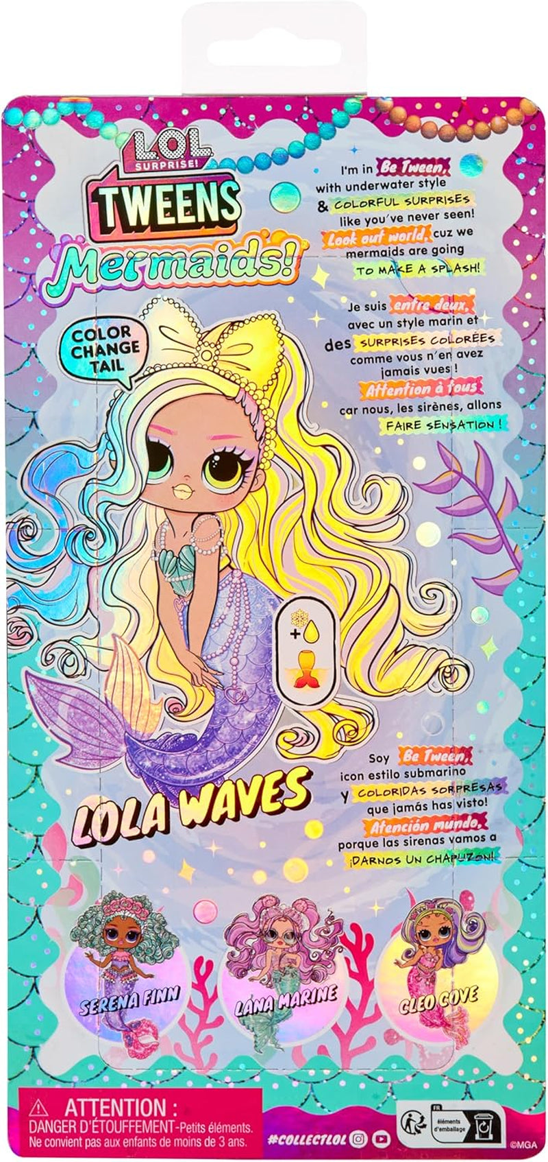 LOL Překvapení! Tweens – Mořská panna Lola Waves – Módní panenka s ocasem měnícím barvu, pohyblivou ploutví a krásnými doplňky – Hračka pro děti a sběratele od 4 let