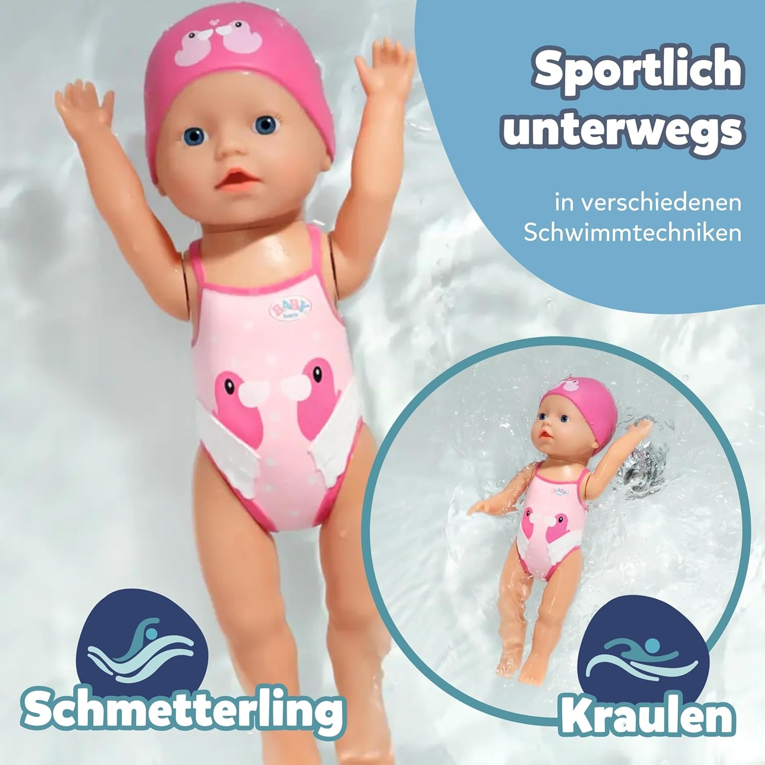 BABY Born My First Swimmer Girl - Panenka 30 cm - Panenka do vany s otočným mechanismem, Vodotěsná - Funguje bez baterií - Vhodné pro děti od 1 roku