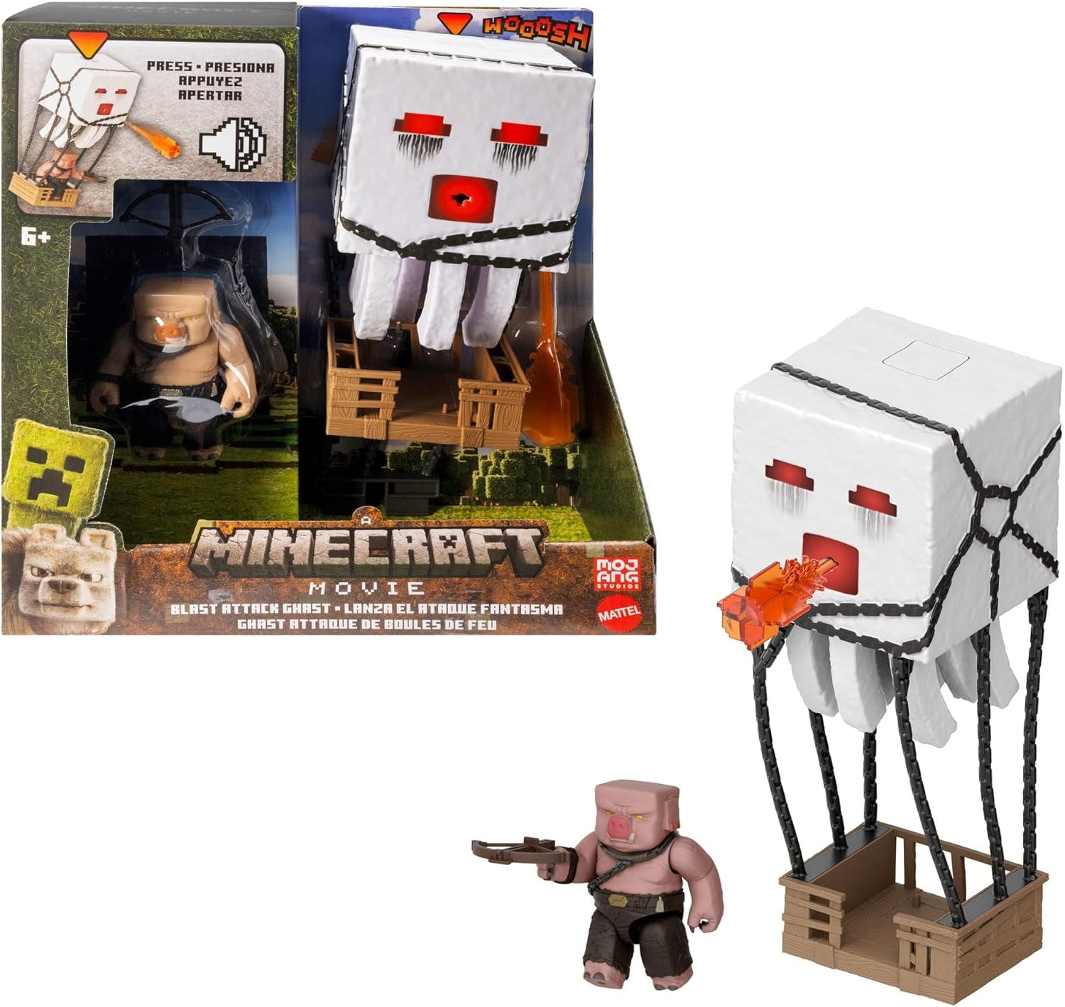 Sada akčních figurek Mattel Minecraft, Ghast s ohnivým útokem, světla, hluk, startér a projektil, prasečí válečník, inspirováno filmem, JFB69 Akční figurky Naty Shop Výchozí název
