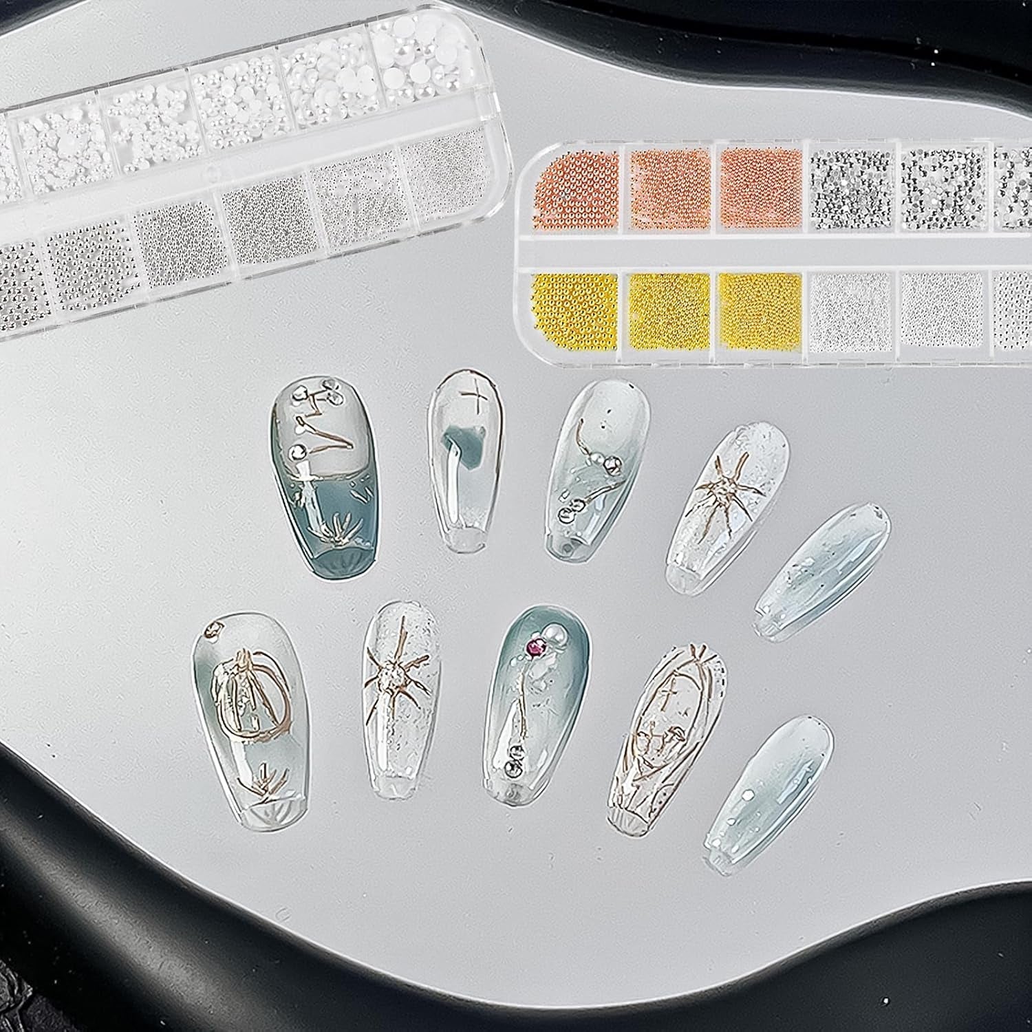 2 Boxen Nail Art Strasssteine, Pinzeta Nägel Flatback Perlen Nail Charms Mit Křišťálové Nagelzubehör Diamanten Edelstahl-Perlen Für Nagelschmuck