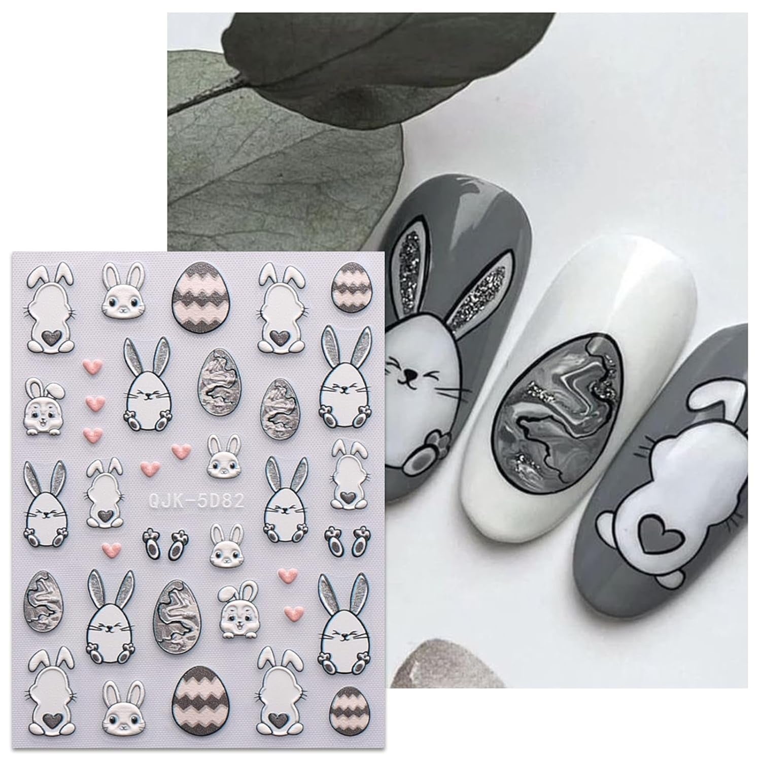 JMEOWIO 6 Blatt 3D Nálepka na nehty Ostern Nail Art Nálepka Selbstklebend Nagelaufkleber 5D Stereoskopisch Süßer Hase Ei Dekoration Nageldesign Zubehör