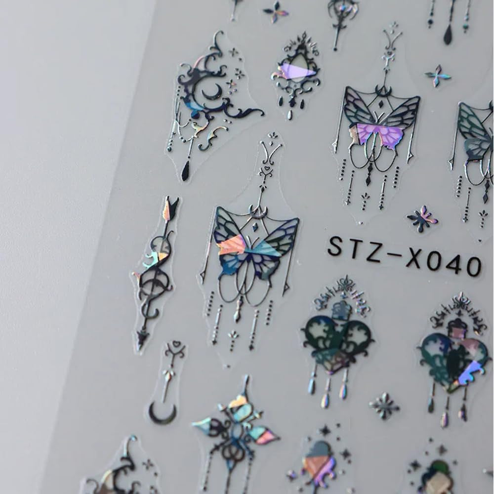 3D kovová samolepka na nehty Schwarz Schmetterling - Laser Pink Aurora Nagelaufkleber - Punk Butterfly Nail Art Stickers - Stříbrná samolepka na nehty - Nageldesign Zubehör