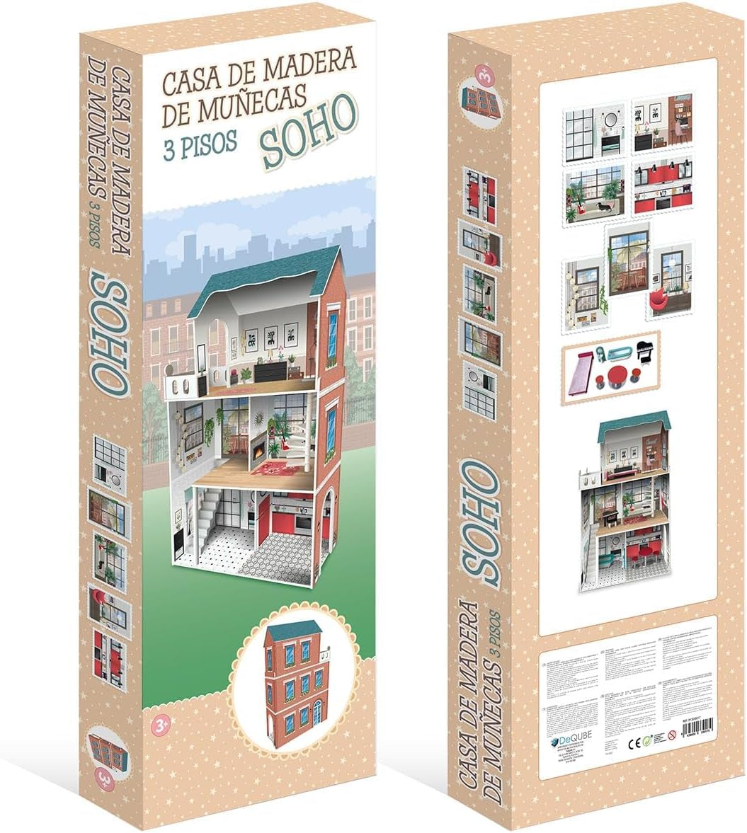 Designový 3patrový domeček pro panenky Soho-Madera s 8 kusy nábytku, velikost 120 X 33 X 75 cm (913D00181) Naty Shop Dollhouses