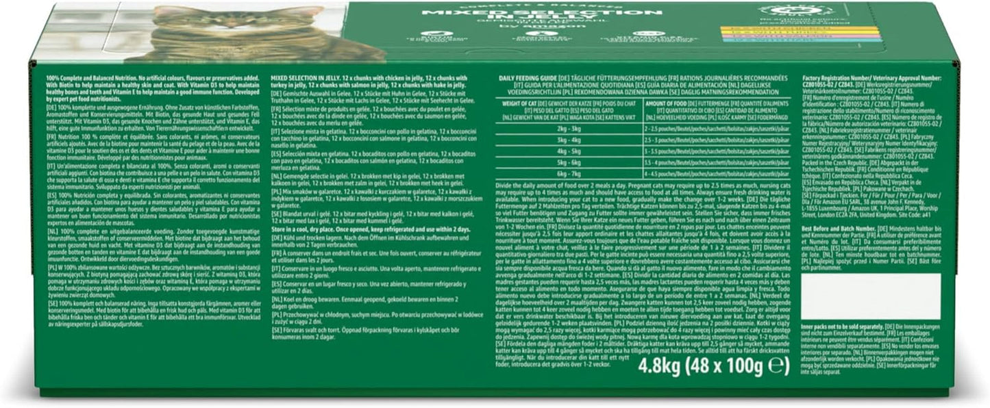 Amazon Grain Free Mokré krmivo pro kočky pro dospělé kočky Smíšený výběr v želé 4,8 kg (48 balení po 100 g)