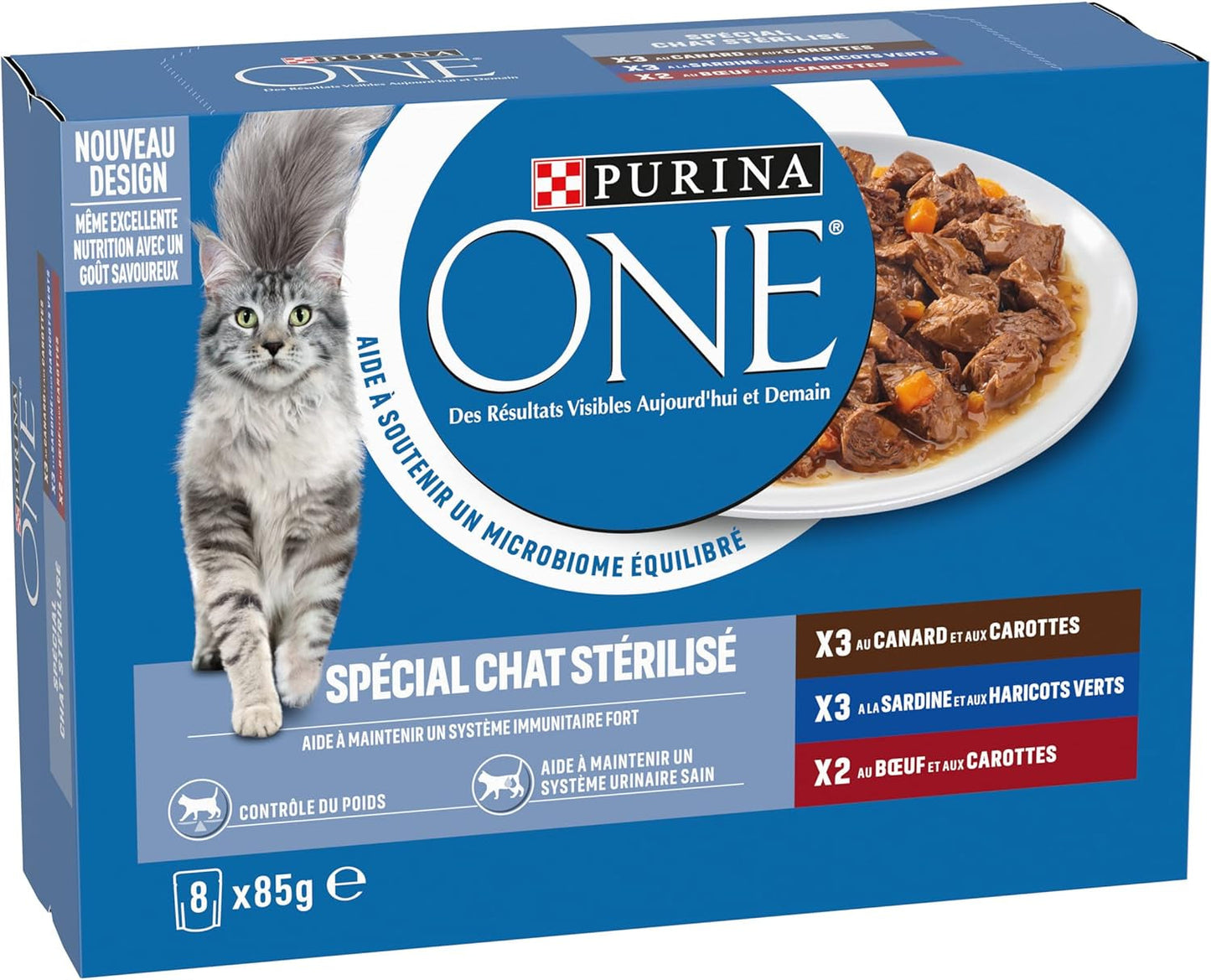 PURINA ONE | BIFENSIS | Krmivo pro sterilizované dospělé kočky | Podporuje kočičí vitalitu, kosti, svaly a klouby | V omáčce | Kapsičky s kachnou, sardinky, hovězí maso, čerstvost | 1 kus (8 x 85 g)