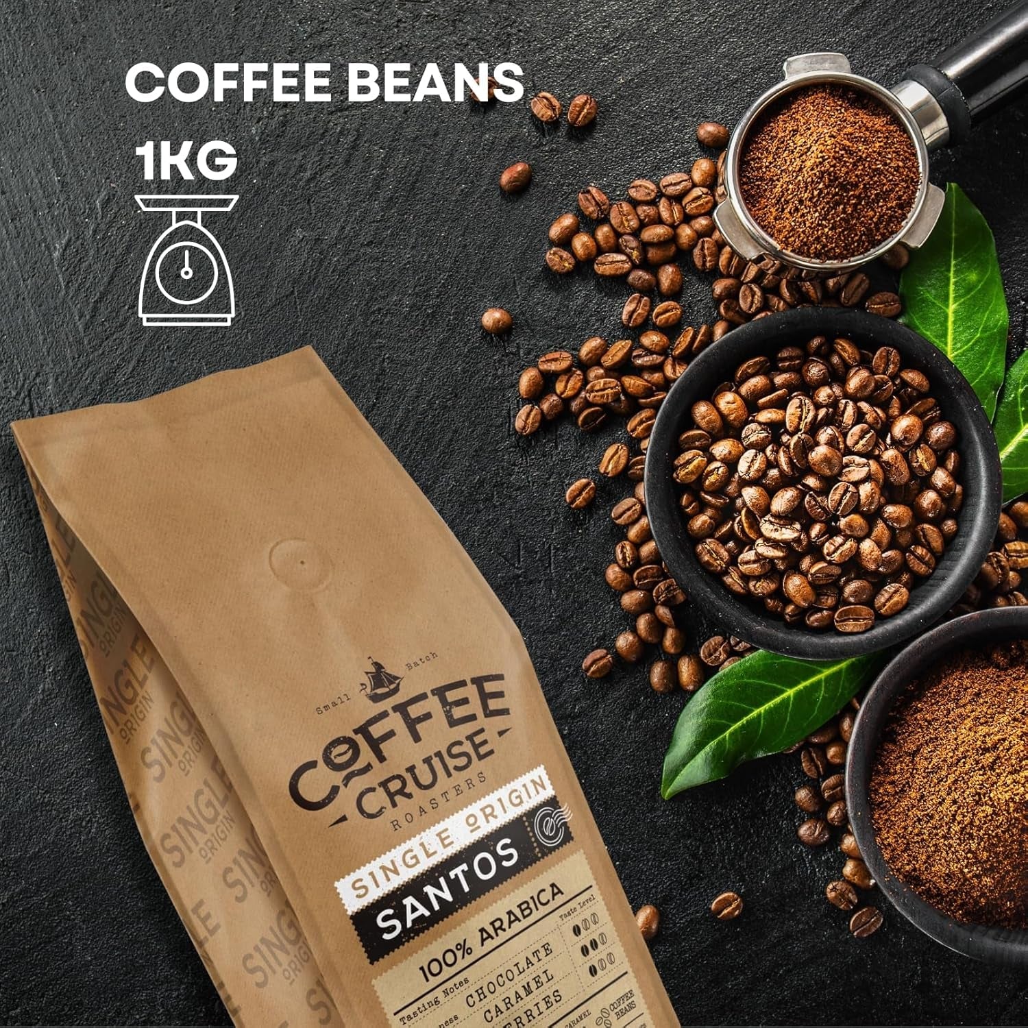 COFFEE CRUISE Santos Kaffeebohnen 1kg - Mittlere Röstung - Aroma Caramel - Für All Kaffeemaschinen - 100% Arabic