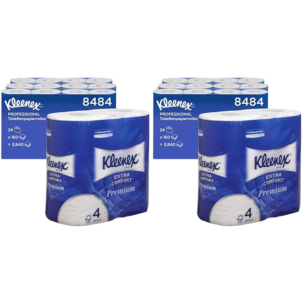 Kleenex Premium role toaletního papíru 8484, toaletní papír 24 rolí X 160 pufovaných listů, 4vrstvý toaletní papír, 100% čisté vlákno, vysoká kvalita, odolný proti roztržení a měkký (2 balení)