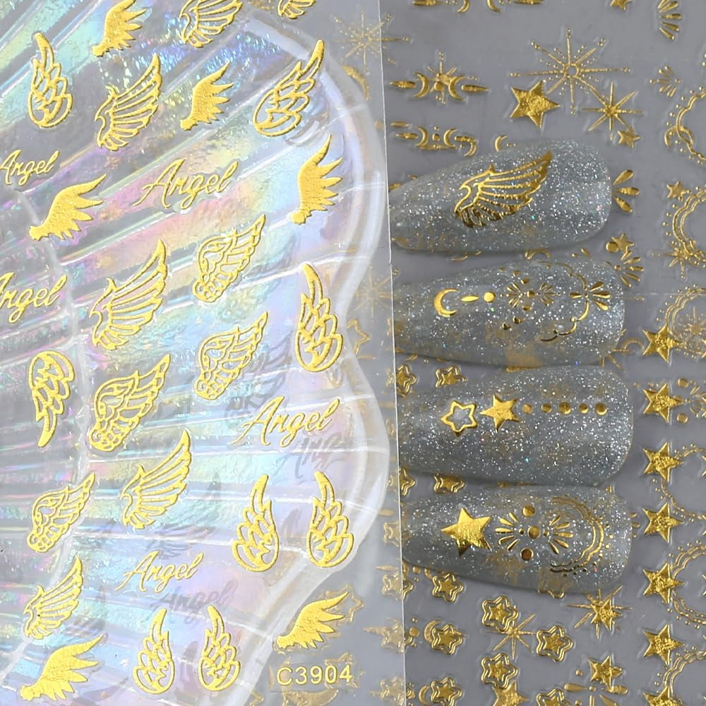 8 listů zlata Moon and Stars Nálepky na nehty Angel Wings Tan Gold Nálepky na nehty Hvězdy Fólie na nehty Samolepicí nálepky na nehty Příslušenství k nehtovému designu Nálepky na nehty