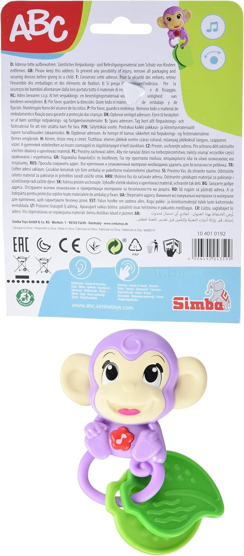 Simba 104010192 - ABC opičí hudební chrastítko, 2 smyslové prvky, s hudební funkcí, 17cm, hračka pro děti, od 6 měsíců Baby Toys Naty Shop