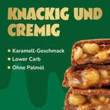 Karamelové a oříškové čokoládové tyčinky před námi | 12 čokoládových tyčinek x 35 g bez přidaného cukru | 1,9 g cukru na tyčinku | Křupavá oříšková a karamelová příchuť | Nízkosacharidové sladkosti | Bez palmového oleje