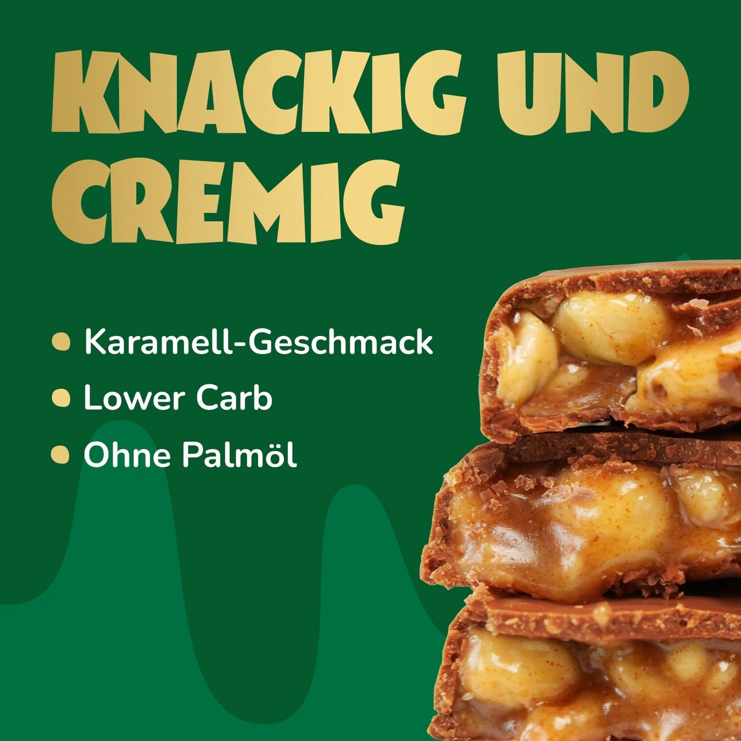 Karamelové a oříškové čokoládové tyčinky před námi | 12 čokoládových tyčinek x 35 g bez přidaného cukru | 1,9 g cukru na tyčinku | Křupavá oříšková a karamelová příchuť | Nízkosacharidové sladkosti | Bez palmového oleje