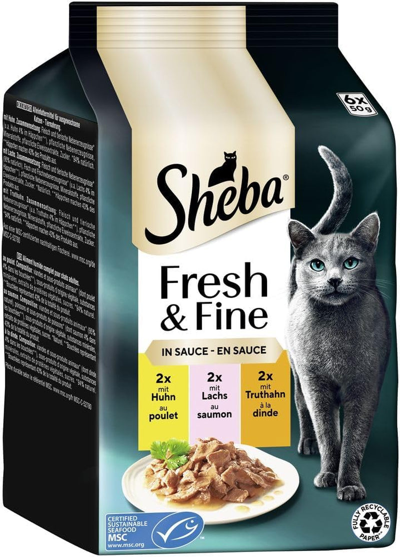 Sheba Portion Pouches Mokré krmivo pro kočky, multipack Fresh & Fine v omáčce s MSC kuřecím masem a lososem, 6x6x50g - Jemná jídla pro kočky v omáčce